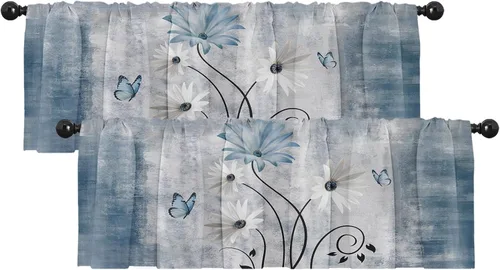 Vista 13 de Emvency Paquete de 2 cenefas para ventana, cortinas opacas de arte moderno abstracto azul, cortinas ajustables para ventanas, sala de estar, cocina