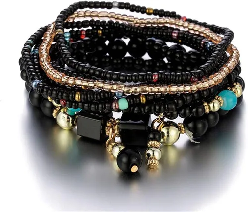 Vista 6 de Caiyao Juego de pulseras de cuentas apilables de estilo bohemio, juego de pulseras elásticas multicapa, juego de joyas multicolor, pulseras con dije