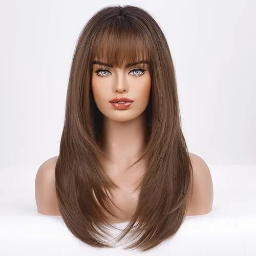 Vista 3 de HAIRCUBE Peluca sintética marrón oscuro para mujer, pelucas en capas con flequillo de longitud media recta y resistente al calor Marrón oscuro2