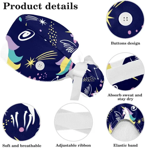 Vista 4 de Adjustable Magical Unicorn Floral Scrub Cap, Working Hat Hair Cover with Ponytail Pouch, Soft Bouffant Surgical Nurse Cap