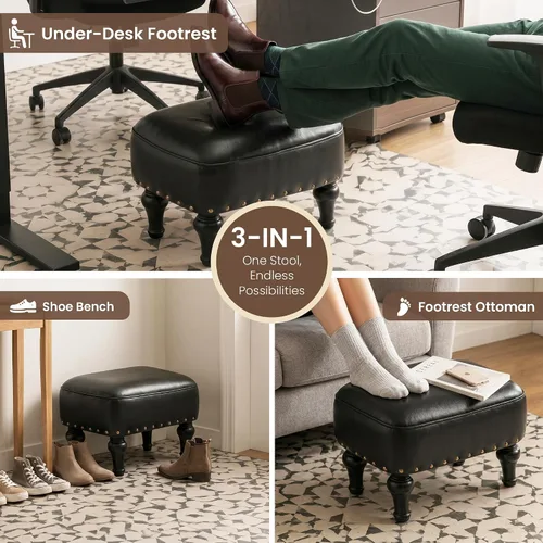 Vista 5 de Cmishe Reposapiés otomano de cuero, reposapiés vintage, asiento tapizado de espuma gruesa, reposapiés de madera, banco para zapatos debajo del Negro