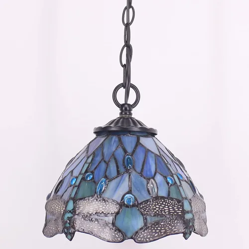 Vista 5 de Lámpara Colgante Pequeña Tiffany de Vidrio Emplomado con Enchufe, Lámpara Colgante de 8 Pulgadas de Altura Ajustable, Accesorio de Araña Colgante