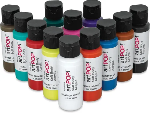 Vista 5 de artPOP! Pintura acrílica suave para el cuerpo, colores primarios, juego de 12, botellas de 2 onzas, pintura acrílica de alto flujo para verter sobre