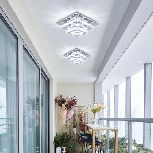 Vista 2 de Mini candelabro LED de cristal para techo, 2 capas, lámpara de techo empotrada, candelabro moderno iluminación para pasillo, escalera, cocina, baño