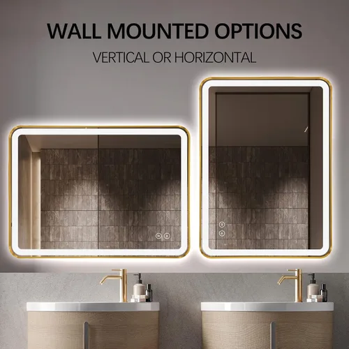 Vista 6 de Espejo de baño LED rectangular, 36 x 28 pulgadas, antiempañamiento, doble tacto, iluminado, espejo de tocador de pared con marco de metal biselado