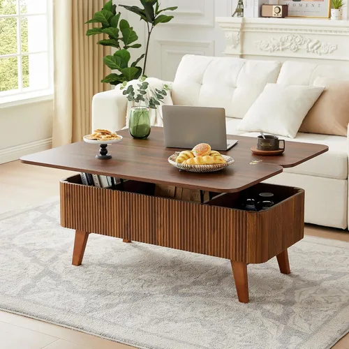 Vista 9 de Mesa de centro con parte superior acanalada totalmente montada con compartimento oculto, mesa central de madera, moderna mesa de elevación ovalada