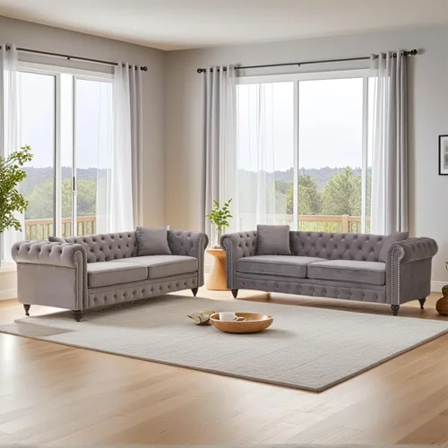 Vista 14 de Sofá Chesterfield de terciopelo grande de 85.5 pulgadas, sofá moderno de 3 plazas con brazos enrollados con diseño de botón y 2 cojines para sala