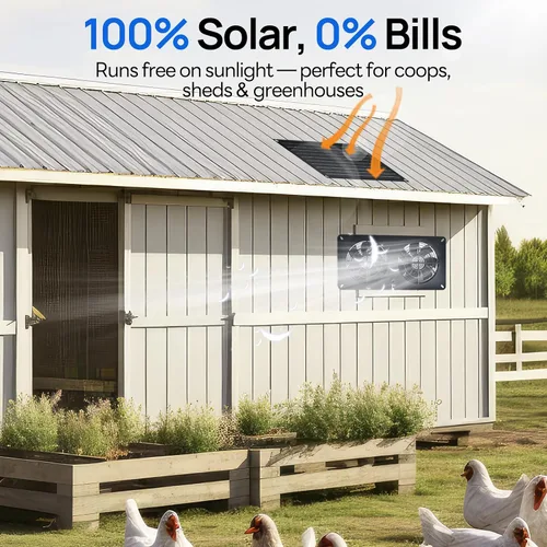 Vista 2 de DC HOUSE Ventilador solar de 20 W para gallineros, invernaderos, cobertizos, casas de mascotas y ventanas, impermeable, fácil de usar, fácil