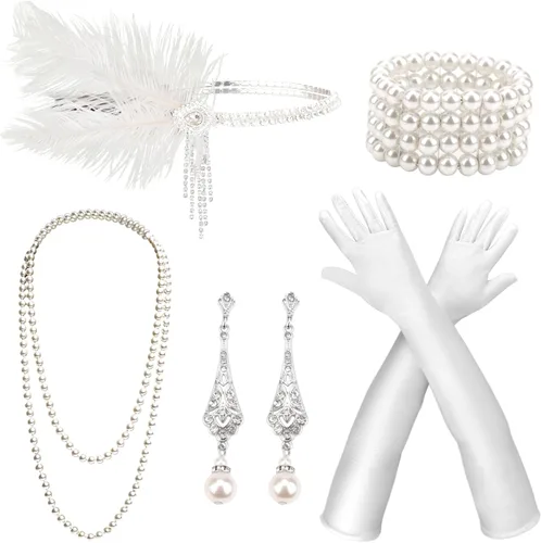 Vista 16 de DRESHOW Juego de accesorios del Gran Gatsby de los años 20 para mujer, accesorios de disfraz de flapper, diadema de plumas, juego de accesorios de 1