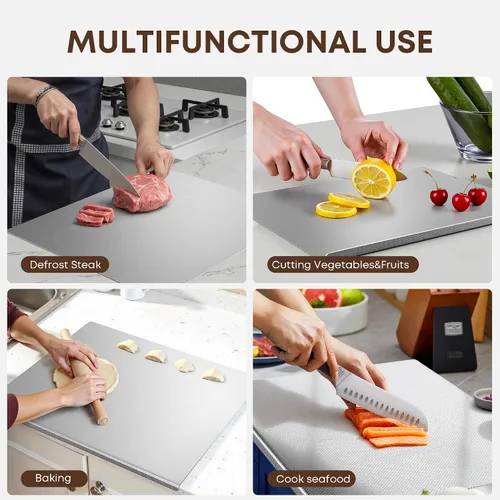 Vista 8 de KORVOS Tabla de cortar de acero inoxidable, 15.7 pulgadas de largo x 11.8 pulgadas de ancho, tablas de cortar de acero resistente para cocina, tabla