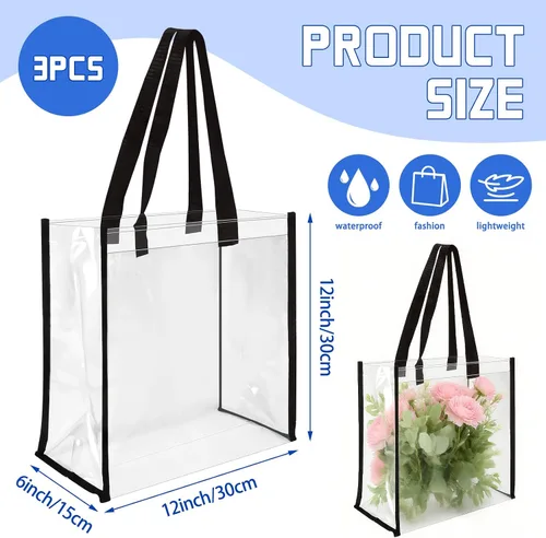 Vista 4 de 12 x 12 x 6 pulgadas, bolsas de plástico de PVC transparente con asas para trabajo, playa, almuerzo, deportes, conciertos