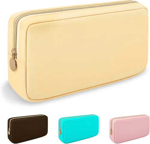 Vista 8 de Iqimott Bolsa Grande de Maquillaje de Nylon, Neceser de Viaje, Bolsa Grande de Cosméticos Preppy, Organizador de Maquillaje de Nylon, Bolsa de Beige