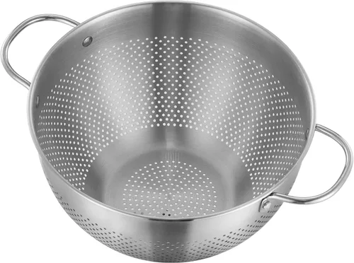 Vista 2 de Colador de acero inoxidable con mango y pies de reposo, colador de pasta de metal para pasta, fideos, arroz, verduras, frutas, apto