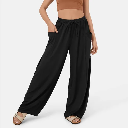 Vista 4 de Gumipy Pantalones holgados de pierna ancha para mujer, cintura elástica, con cordón, pantalones palazzo casuales con bolsillo lateral, pantalones