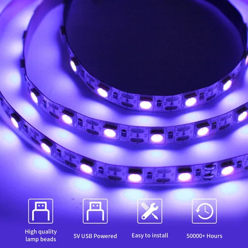 Vista 2 de iNextStation Tira de Luz LED UV Negra USB, 2M/6.6 pies 5V SMD5050 LEDs 395nm-405nm Tira de Luz Negra para Fluorescente, Curación de Impresión 3D