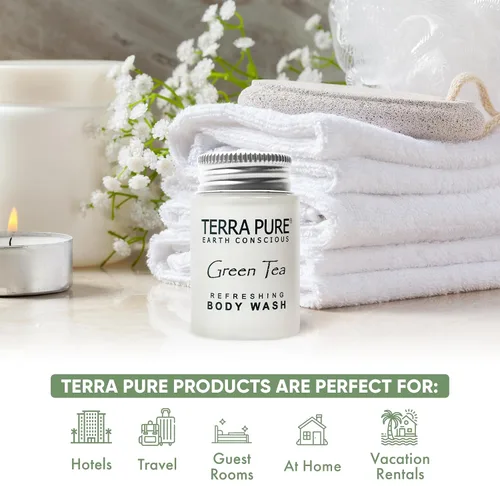 Vista 2 de Terra Pure Gel de baño para hotel, tamaño de viaje, 20 unidades, botellas de 1 oz, amenidades de huéspedes para hoteles, alquileres de vacaciones