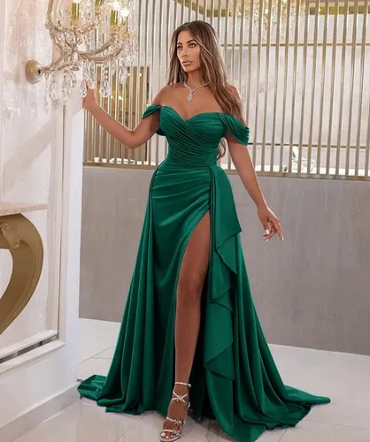 Vista 4 de Vestidos de graduación con hombros descubiertos, vestido de fiesta fruncido, vestido de sirena con abertura formal, vestidos de noche para mujer