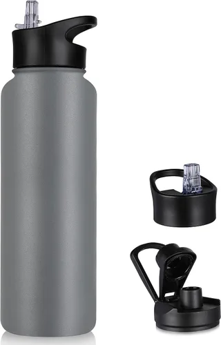 Vista 60 de Botella de agua aislada de 64 onzas con tapas de pajita y boquilla, jarra de agua de acero inoxidable de medio galón con mango de paracord, vacío