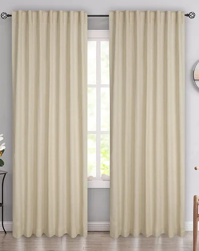 Vista 2 de Cortinas de mezcla de lino natural, juego de 2 cortinas con pestaña trasera de 50 x 108 pulgadas, paneles de ventana altos rústicos con textura