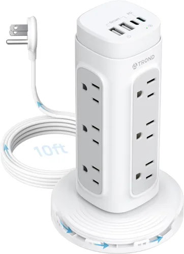 Vista 11 de TROND Torre de Regleta de Alimentación Retráctil – Regleta protectora de sobretensiones de enchufe plano con USB C PD de 20 W, cable de extensión