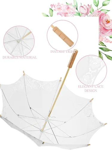 Vista 4 de 6 paraguas de encaje Paraguas vintage de encaje de boda con asa para dama de honor, mujeres de flores (blanco)