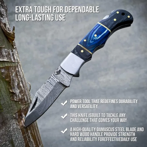 Vista 7 de AR Damascus - Cuchillo plegable de bolsillo hecho a mano para supervivencia al aire libre, hecho de mango de madera y acero de Damasco, junto