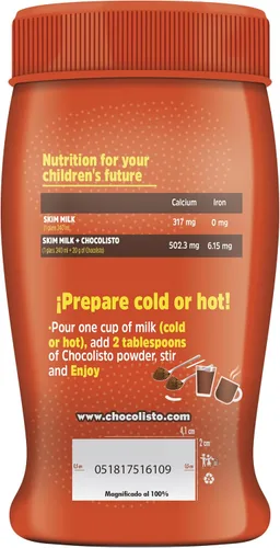 Vista 2 de Chocolisto - Bebida instantánea de chocolate, bebida nutritiva con vitaminas y minerales, 10.5 onzas, paquete de 1.