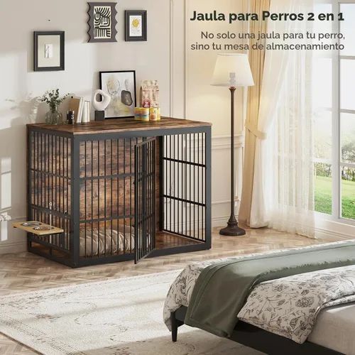 Vista 5 de Lyromix Mueble de jaula para perros XXL de 48 pulgadas con alimentador giratorio, mesa auxiliar de madera grande, jaula de interior resistente