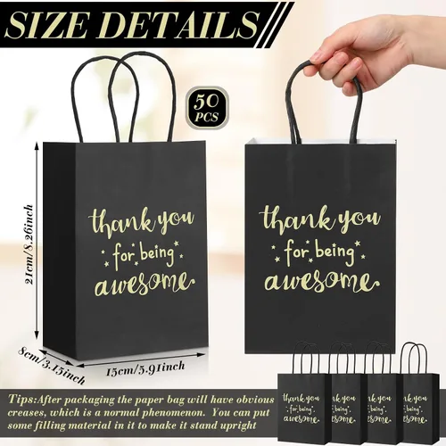 Vista 3 de Jetec 50 bolsas de regalo de agradecimiento de color negro dorado con asas a granel, 5.9 x 3.1 x 8.3 pulgadas, gracias por ser impresionantes