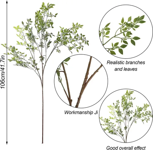Vista 4 de FQQWEE Tallos de hojas artificiales de bambú de 43.4 pulgadas de largo, racimo de plantas artificiales de Nandina vegetación, ramas de ficus, 1