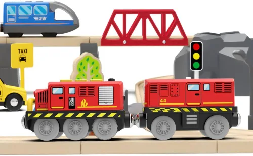 Vista 4 de Tren a pilas para pistas de madera, juguetes de tren motorizado para juego de vías de ferrocarril, juguete de tren eléctrico con tren de control