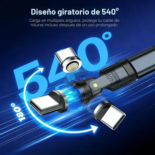 Vista 2 de Adaptador magnético USB C, 240 W PD de carga rápida de 480 Mbps de datos de 9 pines, giratorio de 540° con indicador LED, puntas protectoras
