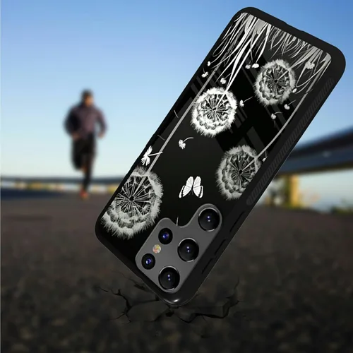 Vista 3 de Funda para teléfono Samsung Galaxy S23 Ultra con protector de pantalla de vidrio templado delgado, cubierta negra, diseño elegante de diente de león