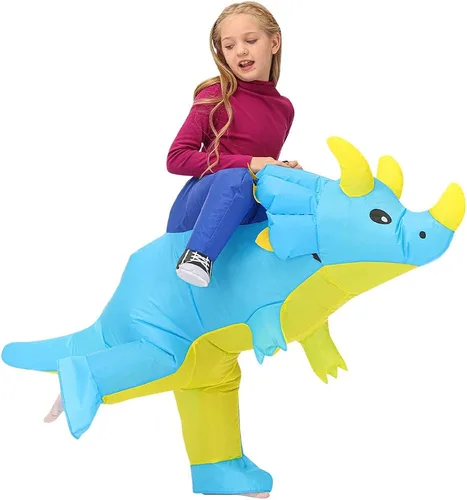 Vista 3 de Disfraz inflable azul Triceratops Ride Dinosaur Air Blow-up Deluxe Halloween Suit para adultos, niños y niños pequeños