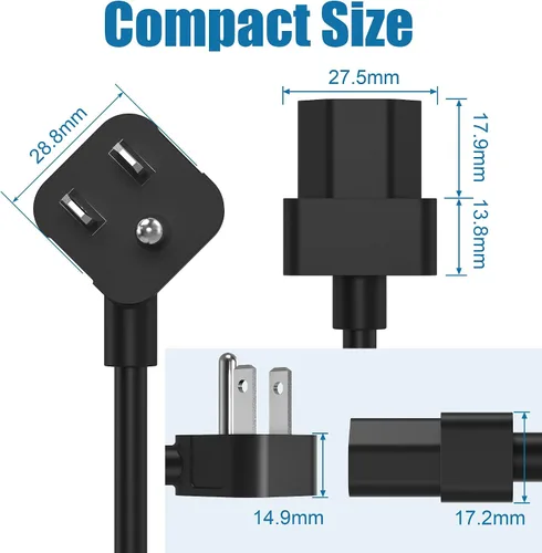Vista 6 de AGVEE Cable de alimentación de CA de 6.6 pies, 3 clavijas en ángulo en forma de L con certificación ETL 18AWG Negro