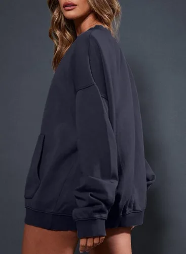 Vista 2 de SHEWIN Sudaderas para mujer, cuello redondo, color sólido, a la moda, cálidas, de gran tamaño, ligeras, sin botones
