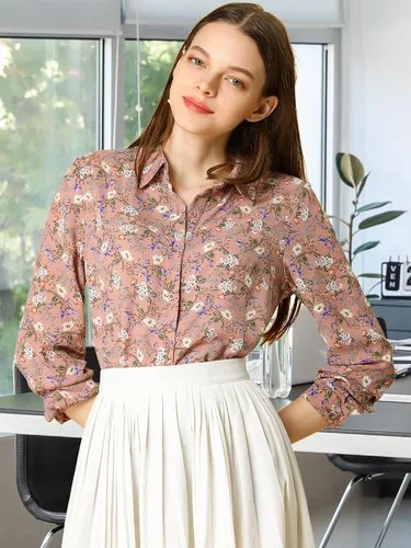 Vista 2 de Allegra K Camisa de manga larga con botones para mujer, blusa floral con cuello en punto
