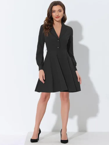 Vista 3 de Allegra K Elegante vestido de trabajo para mujer cuello de solapa con muescas lazo en la cintura manga larga vestido de oficina