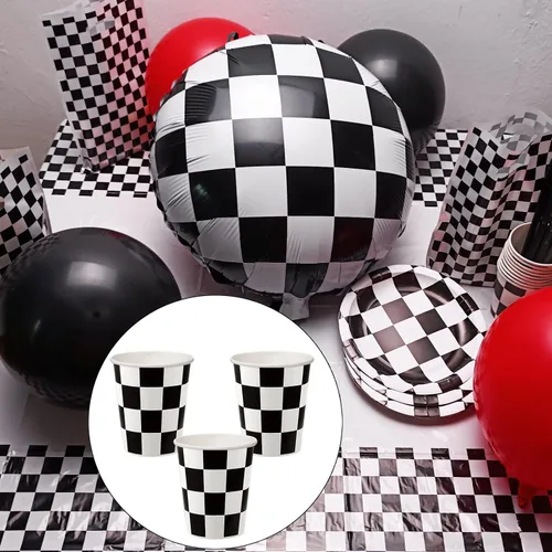 Vista 3 de 30 tazas de papel a cuadros para fiestas de coches de carreras en blanco y negro, para fiestas de cumpleaños temáticas de carreras