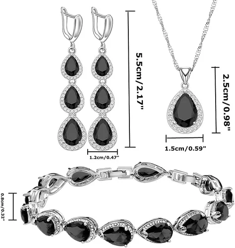 Vista 6 de LMXXVJ Juego de collar y aretes largos, chapados en oro blanco, juego de joyas de zafiro azul creado, joyería de regalo para boda, fiesta, joyería
