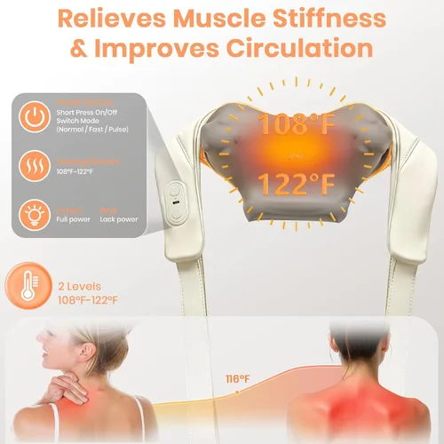Vista 5 de Regalos para mujeres y hombres: masajeador de cuello Shiatsu con calor, masajeador de cuello sin escobillas para aliviar el dolor de tejido profundo
