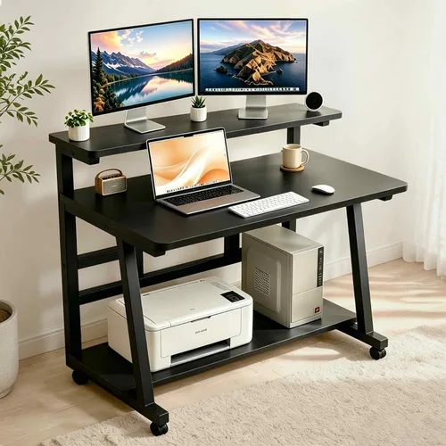 Vista 15 de Escritorio compacto de 39.4 pulgadas para computadora con mesa de trabajo de niveles y ruedas con bloqueo, escritorio pequeño para dormitorio