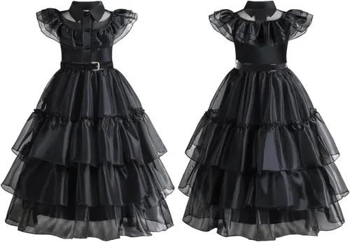 Vista 8 de Disfraz de Miércoles Negro para Niñas para Niñas, Halloween, cosplay, Vestidos de fiesta familiar con cinturón y peluca de 4 a 13 años