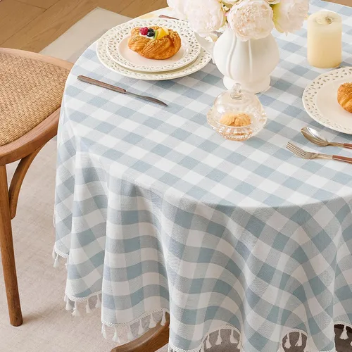 Vista 28 de JIALE - Mantel cuadrado de lino de algodón de cuadros Gingham con borlas, lavable, sin arrugas, mantel a cuadros de búfalo para fiesta al aire Beige