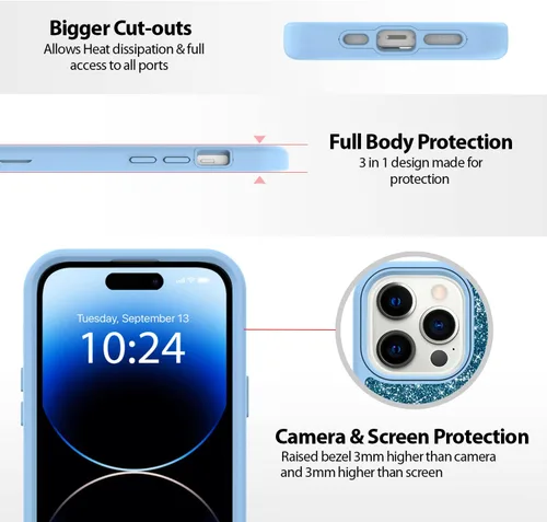 Vista 4 de Funda protectora completa con purpurina compatible con iPhone 14 Pro Max [protección militar contra caídas] híbrida resistente 3 en 1, resistente a