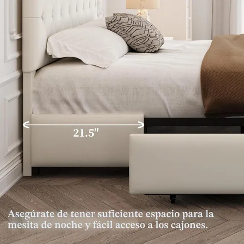 Vista 6 de Yaheetech Base de cama Queen tapizada con cabecera ajustable con botones de diamante, 3 cajones de almacenamiento, cama de plataforma queen/listones