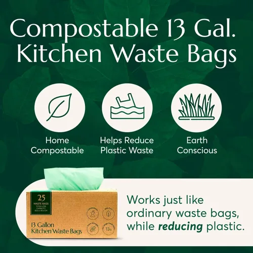 Vista 2 de Bolsas de basura compostables* Cleanomic con cordón (13 galones, 25 unidades, altas), certificadas BPI para compost de cocina