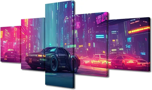 Vista 102 de Póster de 5 paneles en lienzo para decoración de pared, diseño de centro urbano Cyberpunk, impresión moderna, decoración de pared para el hogar