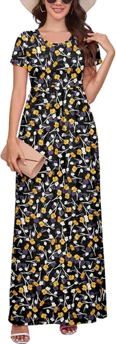 Vista 25 de DEARCASE - Vestido Maxi para Mujer de Manga Corta, Casual de Verano, Holgado, Liso, Cómodo, Vestidos Largos con Bolsillos 1-negro