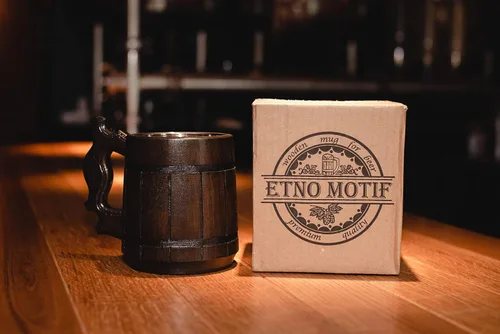 Vista 7 de Taza de madera hecha a mano de 20 onzas, taza de acero inoxidable tallada de cerveza natural, color marrón antiguo, taza de cerveza tallada